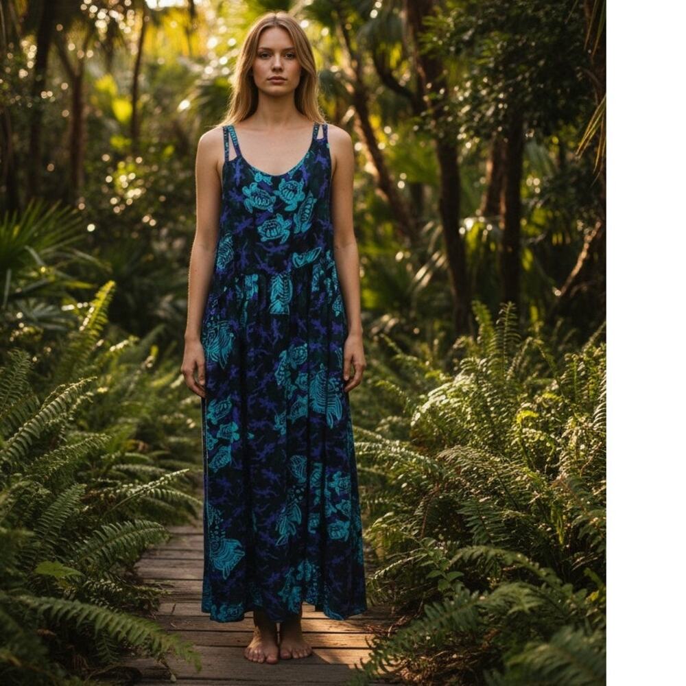 Del Sole Womens Batik Turtle Fish Print Maxi Dress Size Medium Blue NEW Vacation
